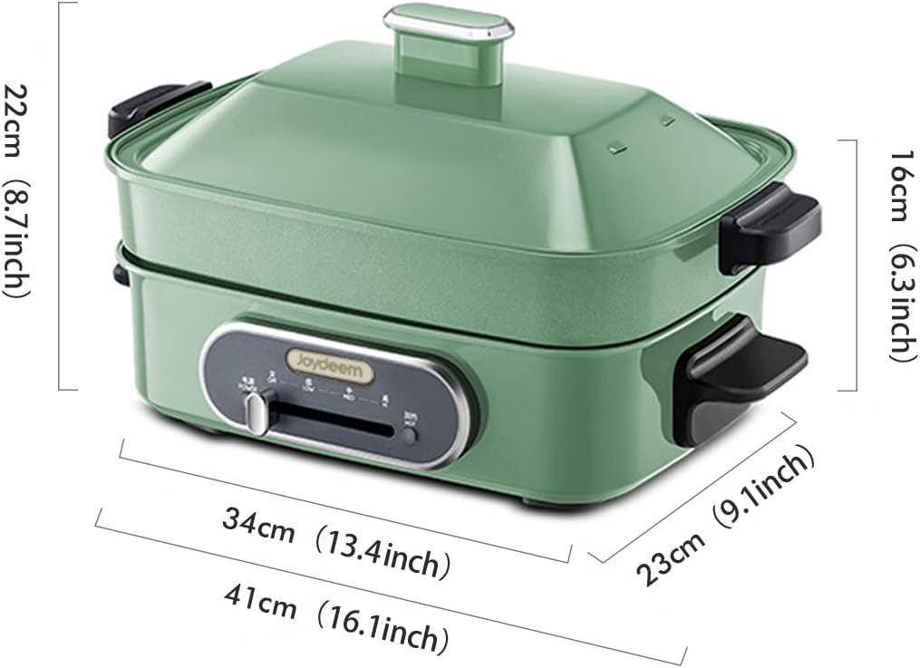 Joydeem 3-in-1 Electric Hot Pot, Multi-use Shabu Shabu Pot with Grill Pan & Steamer, Non-stick Ceramic Oil Coating, UL Listed, JD-HG9088G, Green