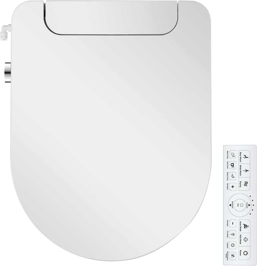 Electric Bidet Toilet Seat, Round, Warm Water with Air Dryer, Heated Seat and Slow Close Lid, Front and Rear Wash, LED Nightlight, Wireless Remote, White, 101D