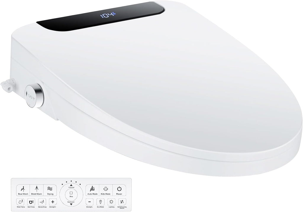 Bidet Toilet Seat, Elongated, Electric, Warm Water, Air Dryer, Heated Seat and Slow Close Lid, Front and Rear Wash, Night light, Wireless Remote, 102 (Elongated)