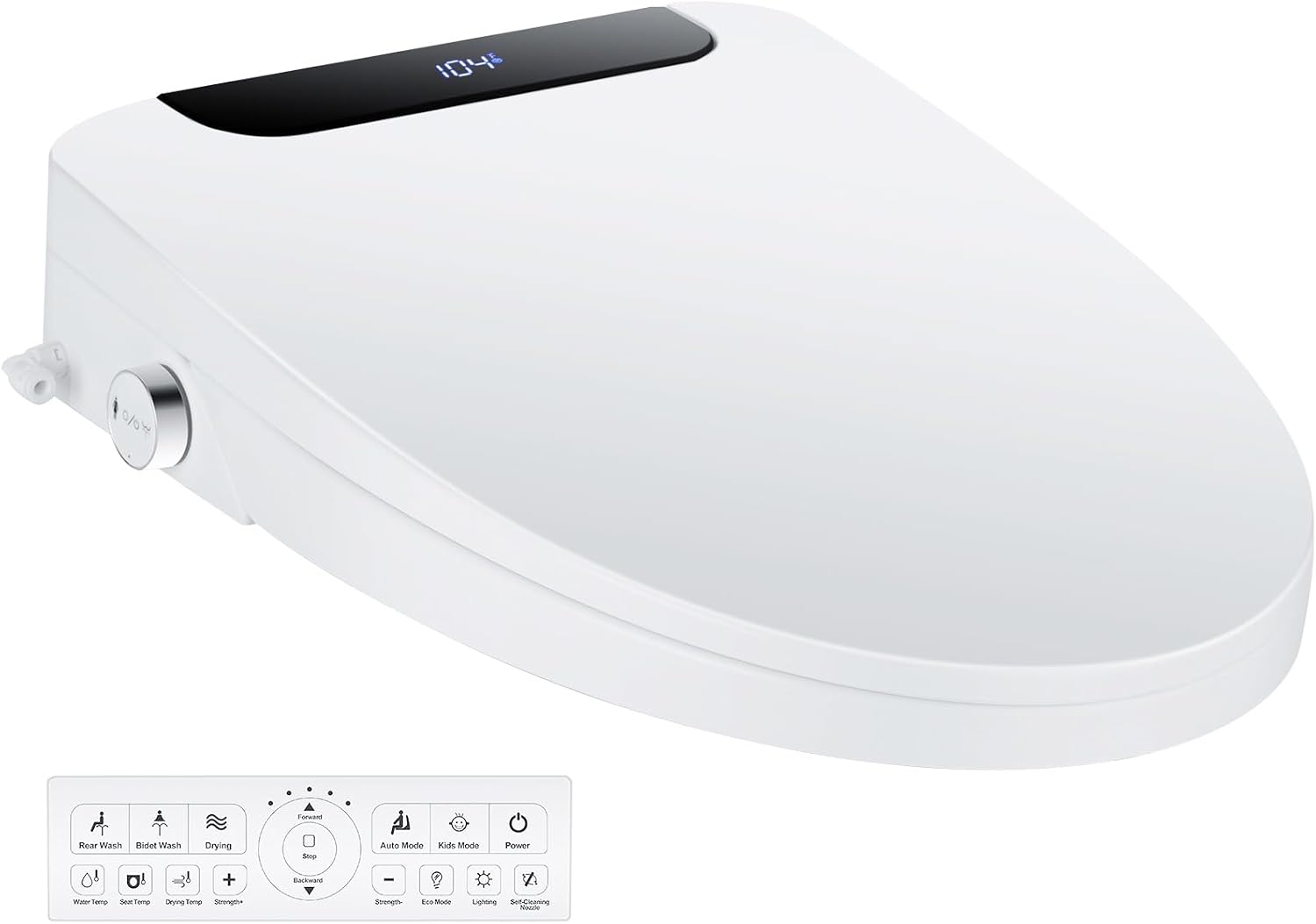 Bidet Toilet Seat, Elongated, Electric, Warm Water, Air Dryer, Heated Seat and Slow Close Lid, Front and Rear Wash, Night light, Wireless Remote, 102 (Elongated)
