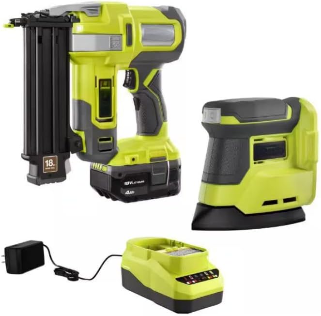 P321K1-PCL416B Fits for Ryobi 18V 18-Gauge Cordless AirStrike Brad Nailer with Cordless Corner Cat Finish Sander, 4.0 Ah Battery, Charger