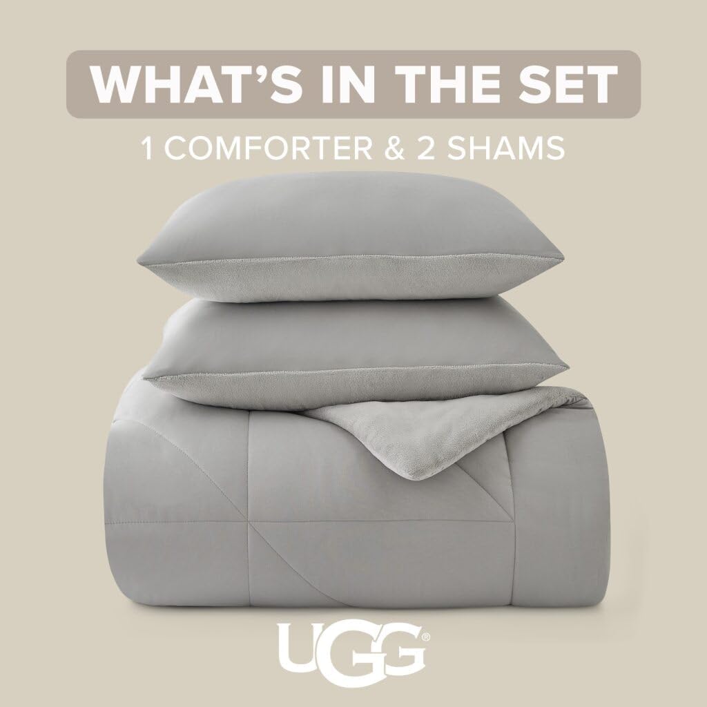 UGG Full/Queen Comforter Set – 3 Piece Luxury Reversible Plush Queen Bed Set with Down Alternative Fill, Soft Comforter Bedding Set with 2 Queen Shams for Home & Bedroom Decor, Seal Gray (Corey)