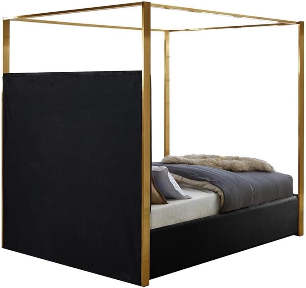 Meridian Furniture JonesBlack-Q Jones Collection Modern | Contemporary Upholstered Queen Bed, Black Velvet, Channel Tufting, Brushed Brass Frame, 66.5' W x 86.5' D x 79' H, Black, Queen