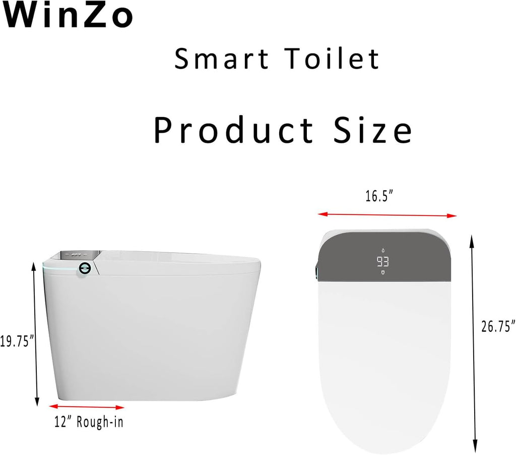 WinZo Smart Toilet, Tankless Toilets with Heated Seat, Auto Open & Close, Smart with Bidet Built In ADA Chair Comfort Height, Dryer and Warm Water Sprayer, Featuring Foot Sensor and Grey LED Display