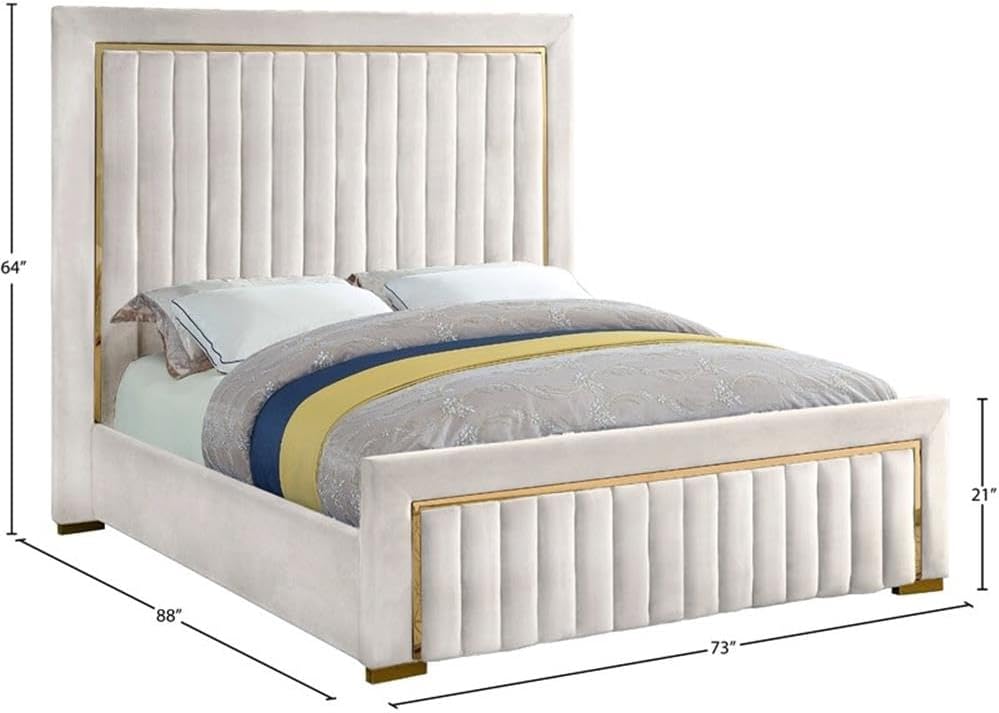 Meridian Furniture Dolce Collection Modern | Contemporary Velvet Upholstered Bed with Luxurious Channel Tufting and Gold Metal Trim/Legs, Queen, Cream