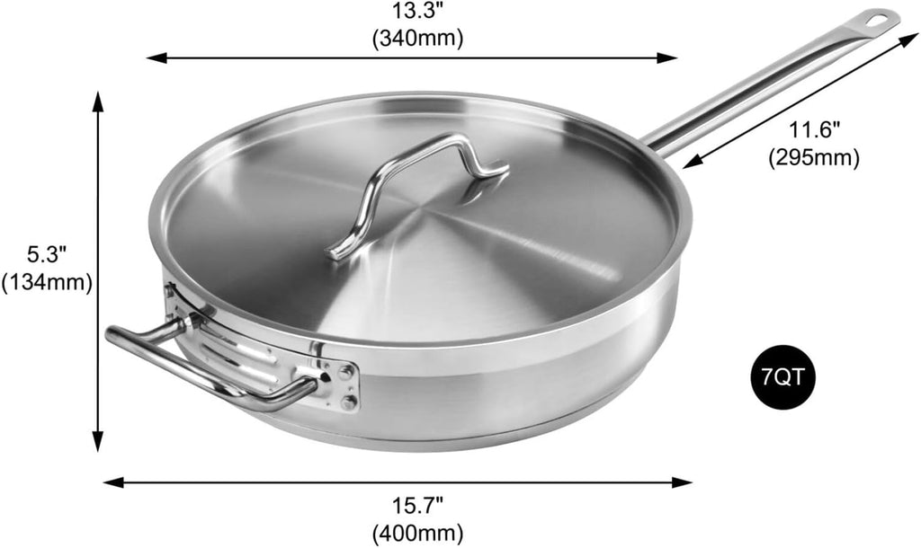New Star Foodservice 7 Qt Stainless Steel Sauté Pan with Cover, 18/8 Stainless Steel, 3.5-Inch Depth