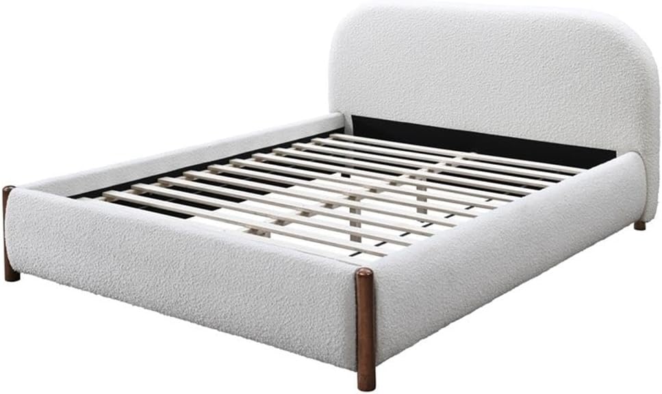 Pemberly Row Upholstered Platform Queen Bed, White Cream Boucle Fabric, Solid Wood Legs, Curved Headboard, Wooden Slat Base, No Box Spring Needed, Modern Bedroom Furniture, 69.5'W x 87.8'D x 38.2'H