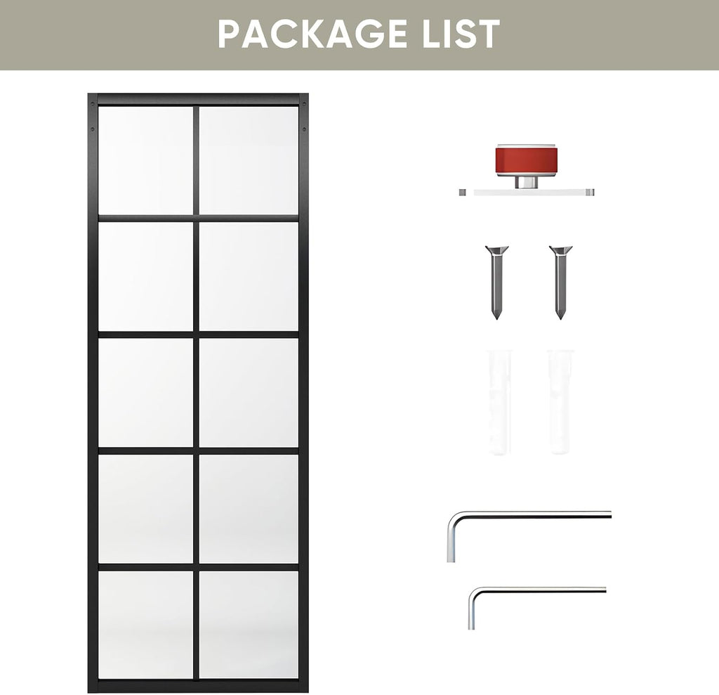 JUBEST DIY Glass Sliding Barn Door - 30in x 84in Modern French 5-Lite Clear Tempered Glass Aluminum Frame Sliding Closet Kitchen Door - Easy Assembly