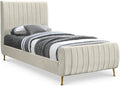 Meridian Furniture Zara Collection Modern | Contemporary Velvet Upholstered Bed with Deep Channel Tufting and Custom Gold Legs, Twin, Cream