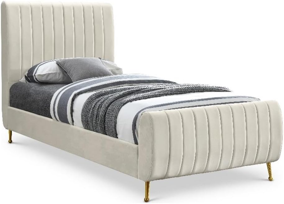Meridian Furniture Zara Collection Modern | Contemporary Velvet Upholstered Bed with Deep Channel Tufting and Custom Gold Legs, Twin, Cream