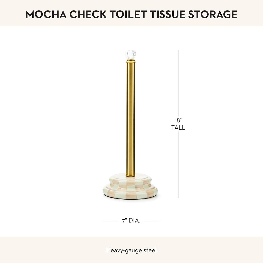 MACKENZIE-CHILDS Enamel Toilet Tissue Storage, Decorative Toilet-Paper Holder Stand for Bathroom, Brown-and-White Mocha Check