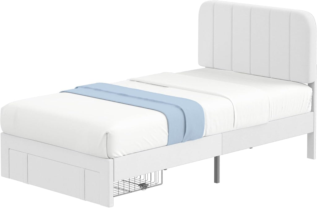 VECELO Twin Size Upholstered Bed Frame with Drawer and Headboard, Velvet Platform Storage Bedframe, Wooden Slats Support, No Box Spring Needed, White