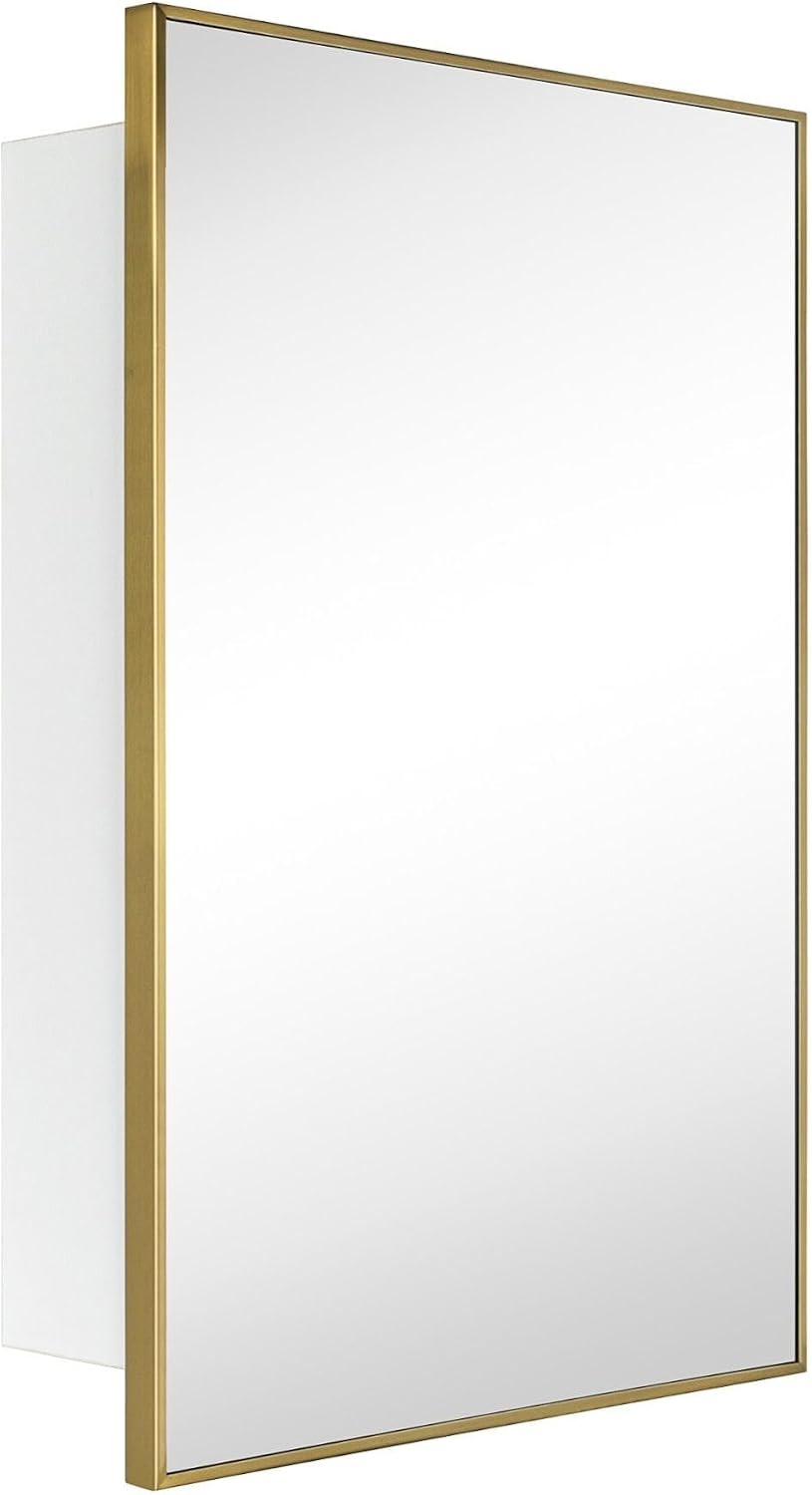 TEHOME 24'' x 30'' Brushed Gold Recessed and Surface Mount Bathroom Medicine Cabinet with Mirror Brushed Gold Square Cornered Metal Framed Rounded Rectangle Medicine Cabinet Mirror