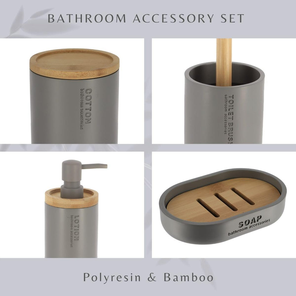 Matte Gray Bathroom Accessories with Natural Accents, Modern 6-Piece Set - Includes Soap Dispenser, Toothbrush Cup, Toilet Brush Holder, Cotton Box, Soap Dish and Pedal Trash Can