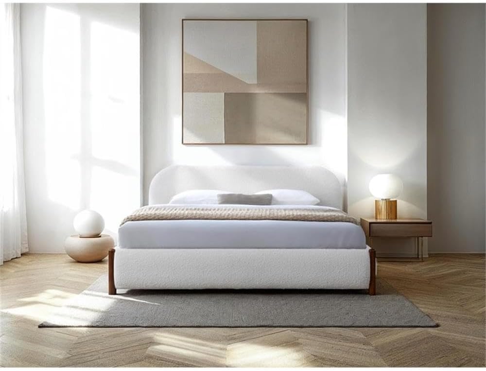 Pemberly Row Upholstered Platform King Bed, White Cream Bouclé Fabric, Solid Wood Legs, Durable Slat Base, No Box Spring Required, Modern Design, 38.2' H x 85.3' W x 87.8' D, Cozy Bedroom Furniture