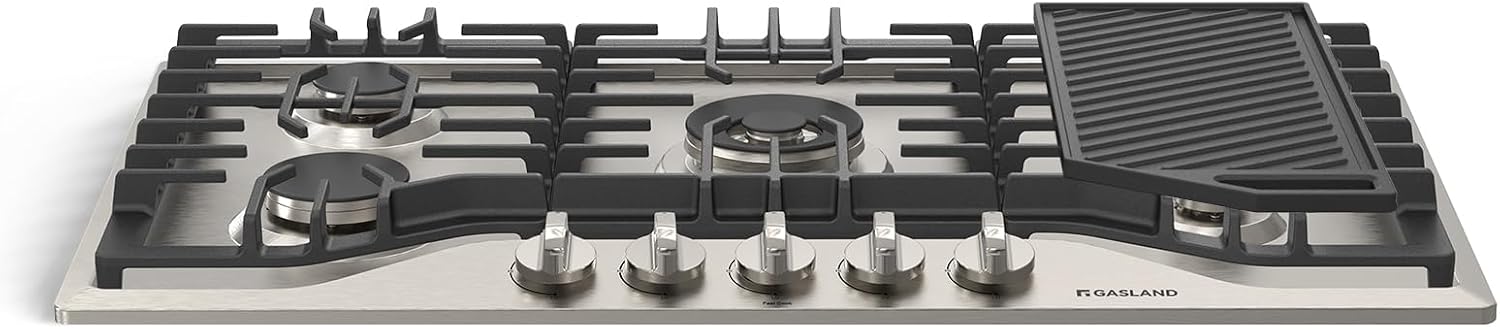 GASLAND 36 Inch Gas Cooktop, PRO GH3365SF 5 Burner Gas Stovetop with Reversible Cast Iron Grill/Griddle, Plug-in, NG/LPG Convertible Cooktops, Stainless Steel