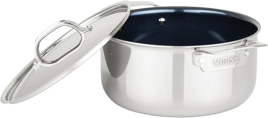 Viking 4-Ply Dutch Oven, 5 Quart Laser Clad Titanium Performance Ti Cookware Pot with Lid, Dishwasher and Oven Safe, Induction Ready, Blue/Silver
