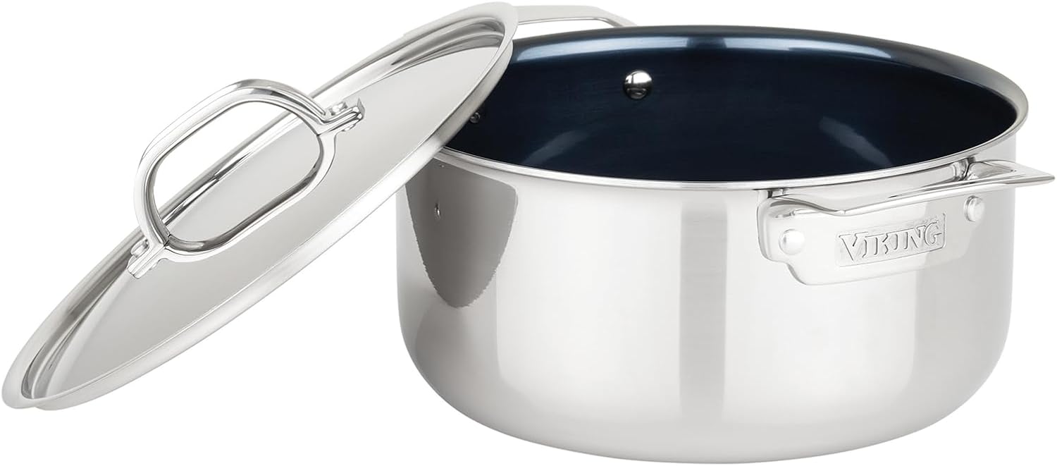 Viking 4-Ply Dutch Oven, 5 Quart Laser Clad Titanium Performance Ti Cookware Pot with Lid, Dishwasher and Oven Safe, Induction Ready, Blue/Silver
