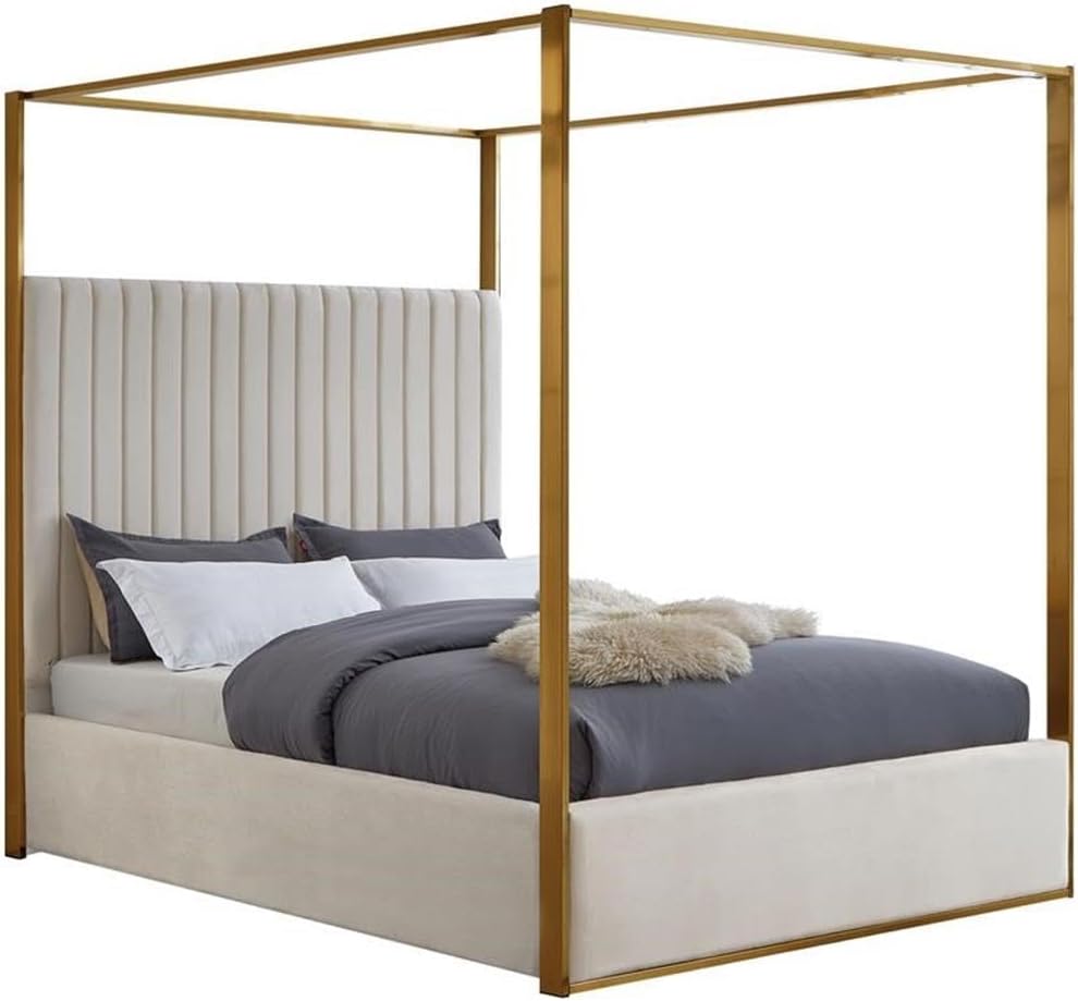 Meridian Furniture JonesCream-Q Jones Collection Modern | Contemporary Upholstered Queen Bed, Cream Velvet, Channel Tufting, Brushed Brass Frame, 66.5' W x 86.5' D x 79' H, Cream, Queen