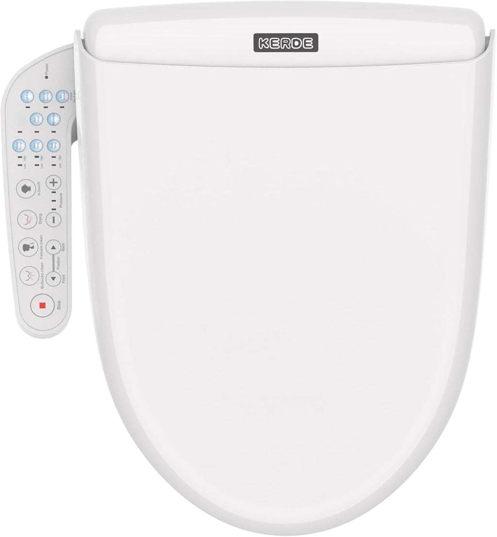 KERDE 08 Smart Electric Bidet Toilet Seat with Warm Air Dryer Heated Adjustable Warm Water Seat Temperature Self-Cleaning Nozzle Easy Installation for Most Toilets Elongated (Armrest-Control Model)