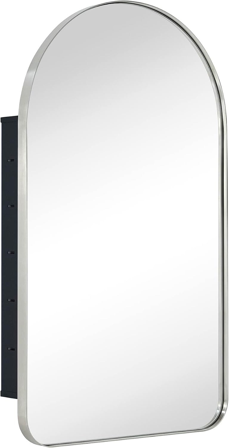 Brushed Nickel Arched Recessed Bathroom Medicine Cabinet with Mirror Stainless Steel Metal Framed Rectangular Bathroom Cabinet with Mirror 16x28.3''