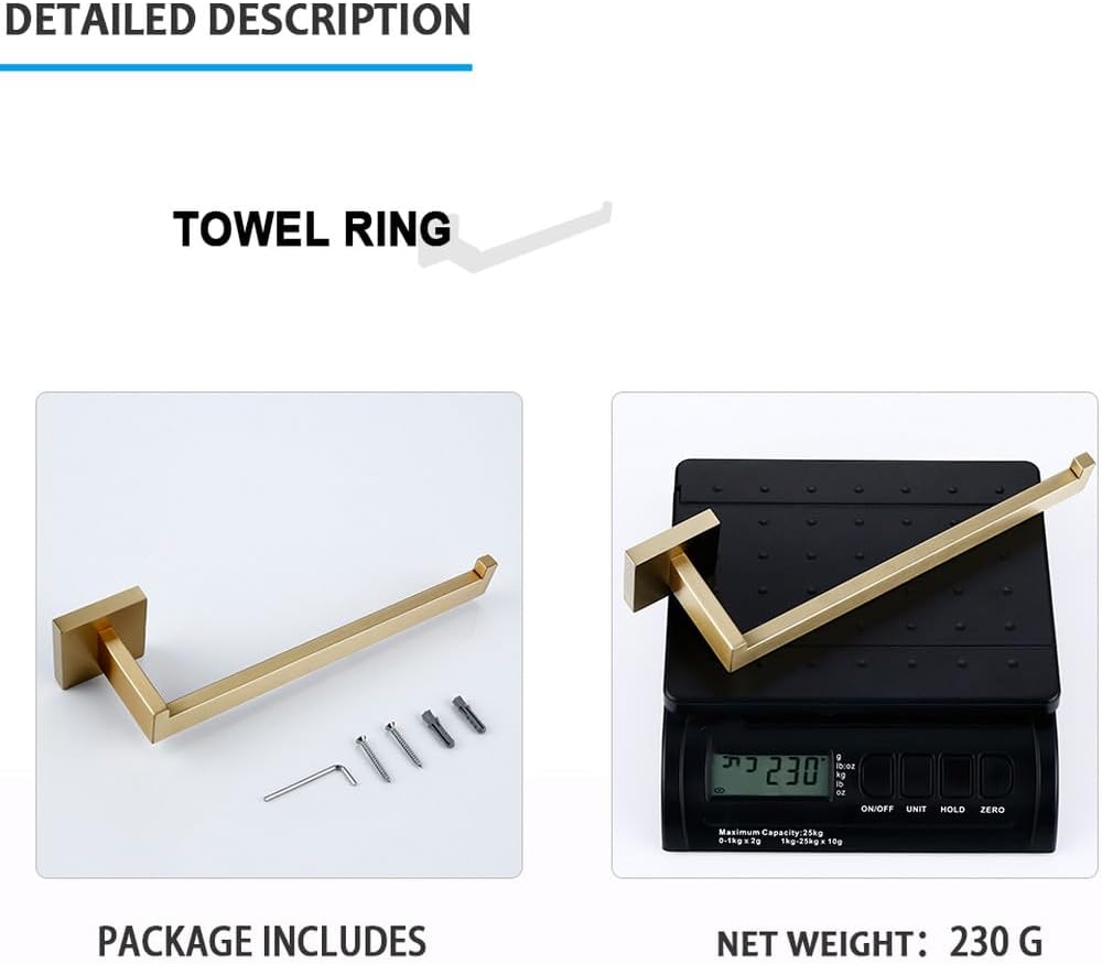Brushed Gold Bathroom Accessories Set 3-Piece Bathroom Hardware Set Wall Mounted Toilet Paper Holder Hand Towel Ring Robe Hook,BG 3 pcs Set