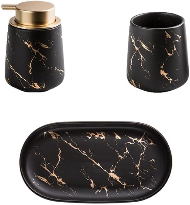 3 Pieces Marble Bathroom Accessories Set Including Soap Dispenser Tray Rinse Cup - for Home Hotel Black One Size (Black Size)