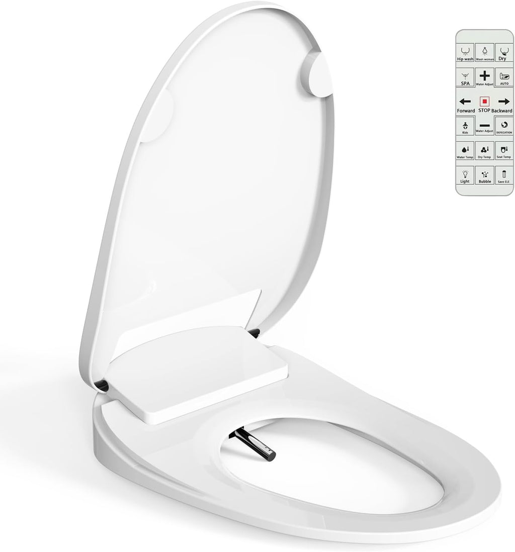 Electronic Bidet Toilet Seat with Warm Water & Air Dryer - Heated Seat, Night Light, Remote Control for Elongated Toilets, Self-Cleaning Nozzle, Instant Hot Water, Energy Saving