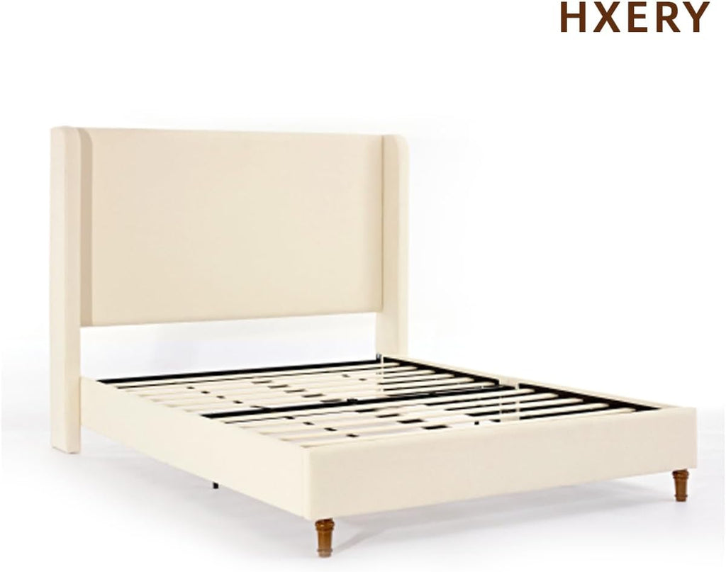 King Size Bed Frame With Headboard,54'High Headboard Boucle Upholstered Platform Bed,bedroom Furniture Sets No Springs Required,Metal Bed Frame With Wooden Slats for Strong Support,No Noise Free,Ivory