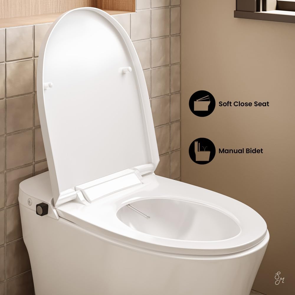 Swiss Madison Hugo H Power Flush Tankless Toilet 7' Back Outlet 1 GPF Non-Electric Toilet with Integrated Tank and Manual Bidet in Glossy White