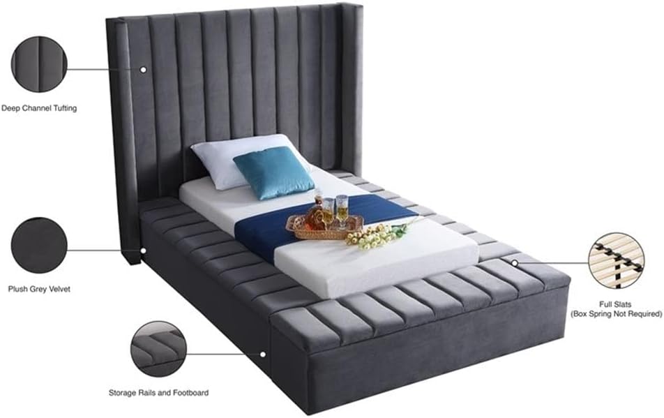 Meridian Furniture Kiki Collection Modern | Contemporary Velvet Upholsterd Bed with Channel Tufting, Siderails and Footboard Storage Compartments, Twin, Grey