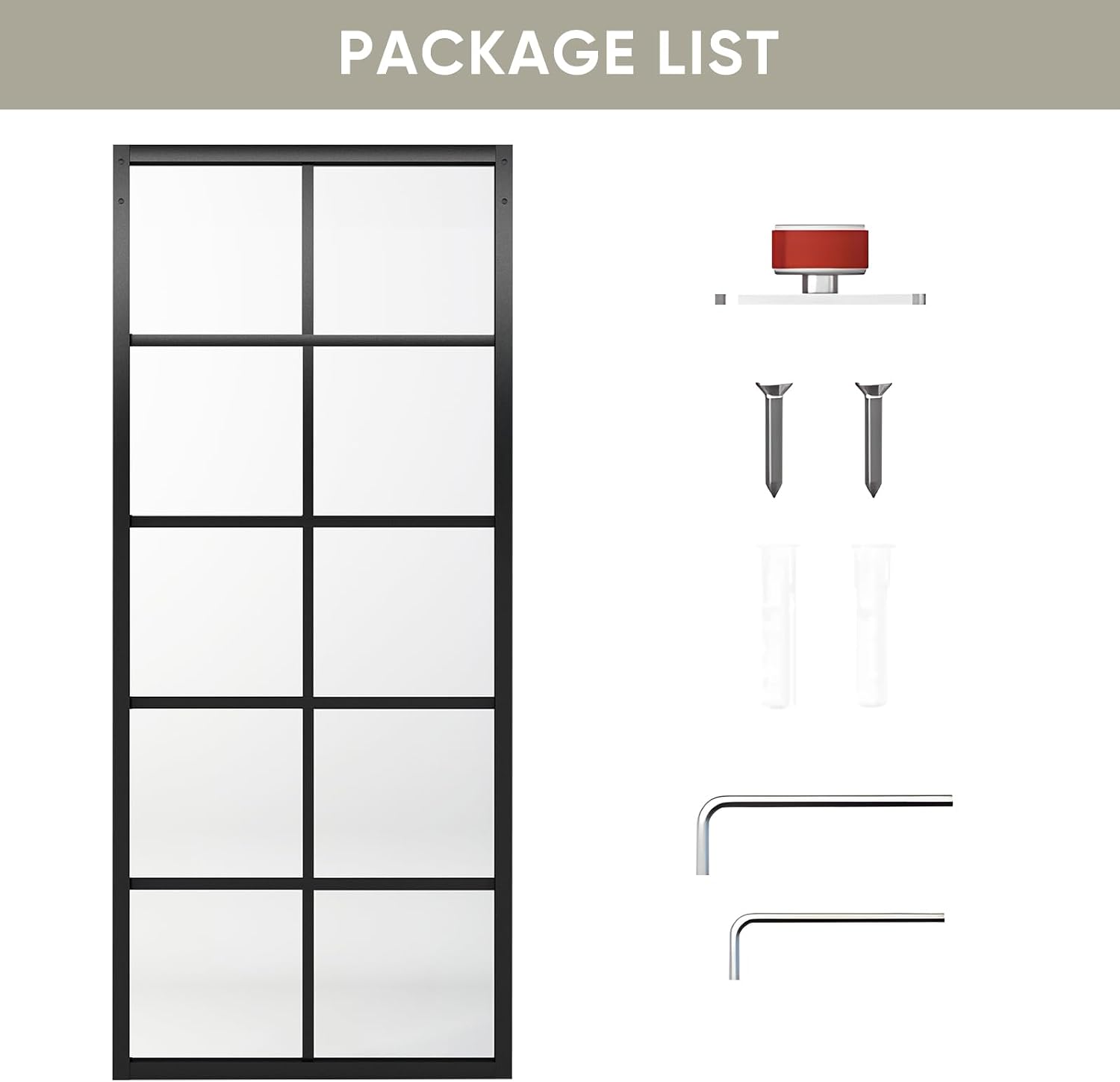 Jubest DIY Glass Sliding Closet Kitchen Door, 36in x 84in Modern French 5-Lite Clear Tempered Glass Aluminum Frame, Easy Assembly