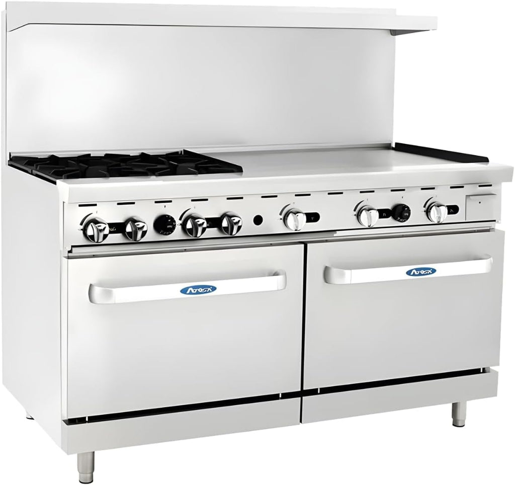 CookRite Commercial Natural Gas Range 4 Burner Hotplates With 36' Manual Griddle 2 Standard Ovens 60'' Restaurant Range - 229,000 BTU