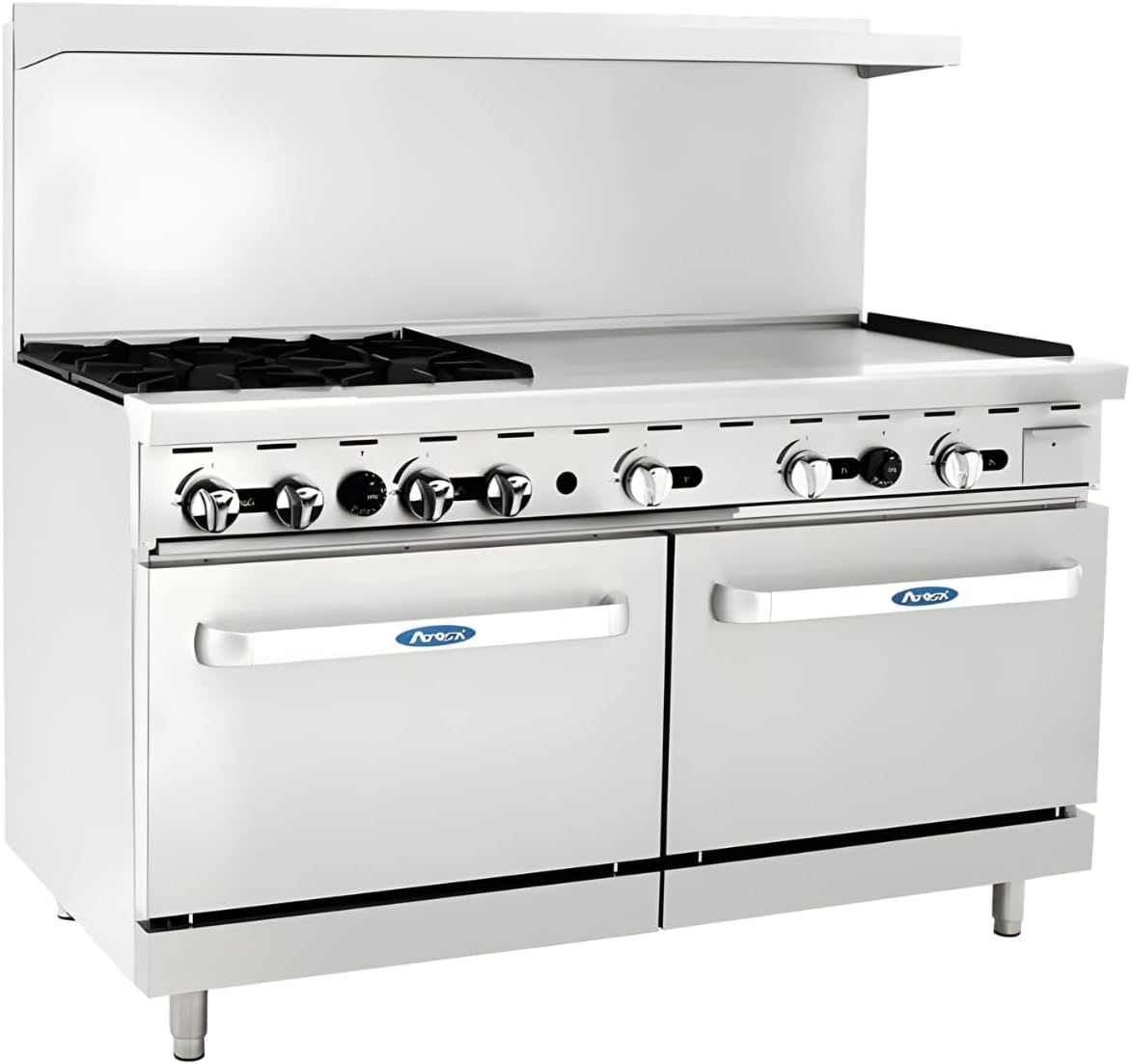 CookRite Commercial Natural Gas Range 4 Burner Hotplates With 36' Manual Griddle 2 Standard Ovens 60'' Restaurant Range - 229,000 BTU