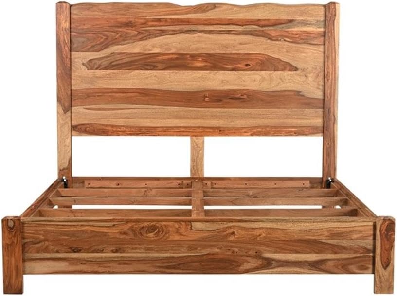 Pemberly Row Modern Live Edge Solid Wood King Panel Bed, Brown Finish, 63' H x 80' W x 86.5' D, Sheesham Wood, Natural Grain, Sturdy Design, Requires Box Spring, Bedroom Furniture