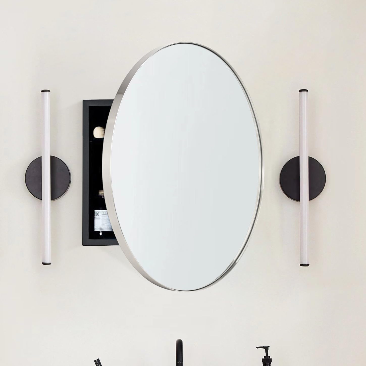 Surface Mount Brushed Nickel Round CircleBathroom Medicine Cabinet with Mirror Circlular Shaped Stainless Steel Metal Framed Medicine Cabinets Bathroom Cabinet with Mirror 24'' Diameter