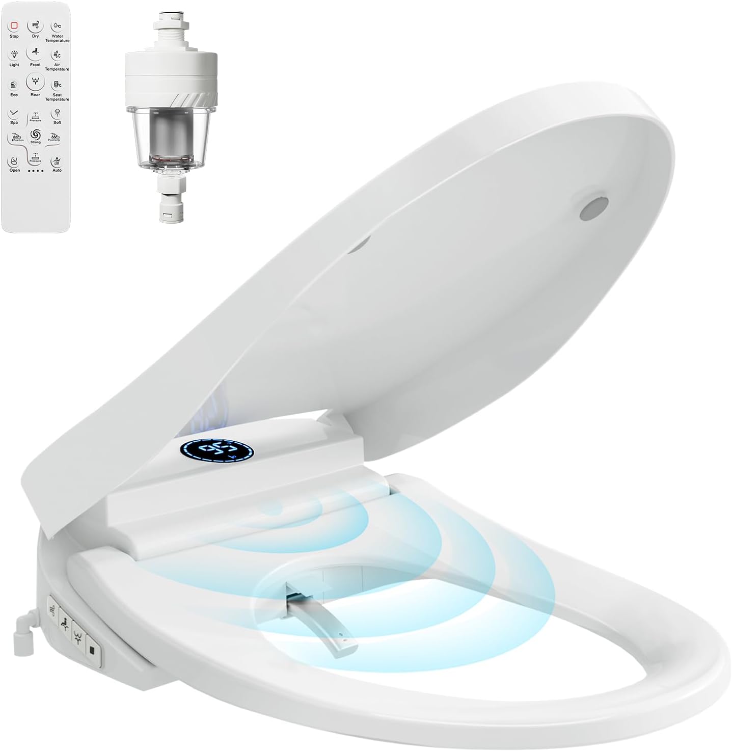 TOTTE Smart Bidet Toilet Seat with Auto Open/Close Lid - Elongated Heated Seat, Instant Warm Water & Air Dryer, Remote Control, Stainless Steel Filter, Multiple Wash Modes & ECO Mode