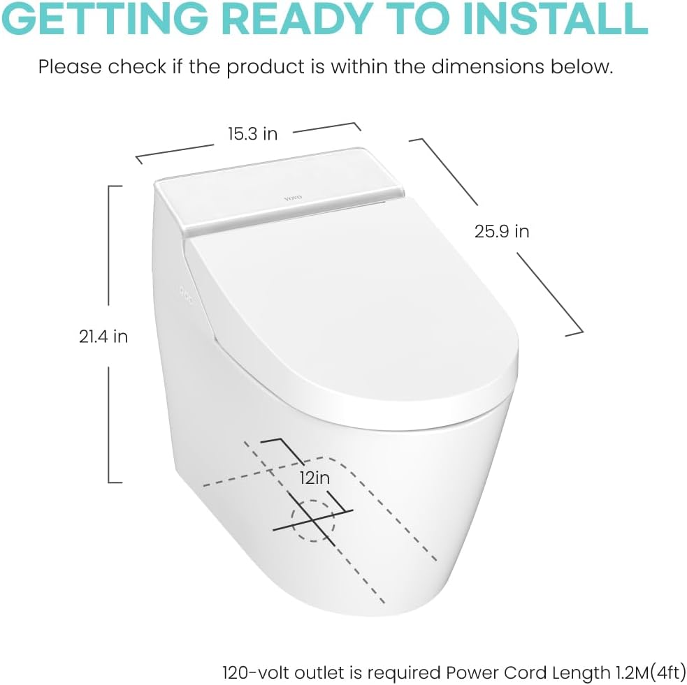 VOVO STYLEMENT TCB-8200SA Smart Toilet for bathrooms, Elongated One Piece Toilet with Auto Open/Close Lid, 1.12 GPF, Auto Dual Flush, ADA Chair Height, Heated Seat, Made in Korea