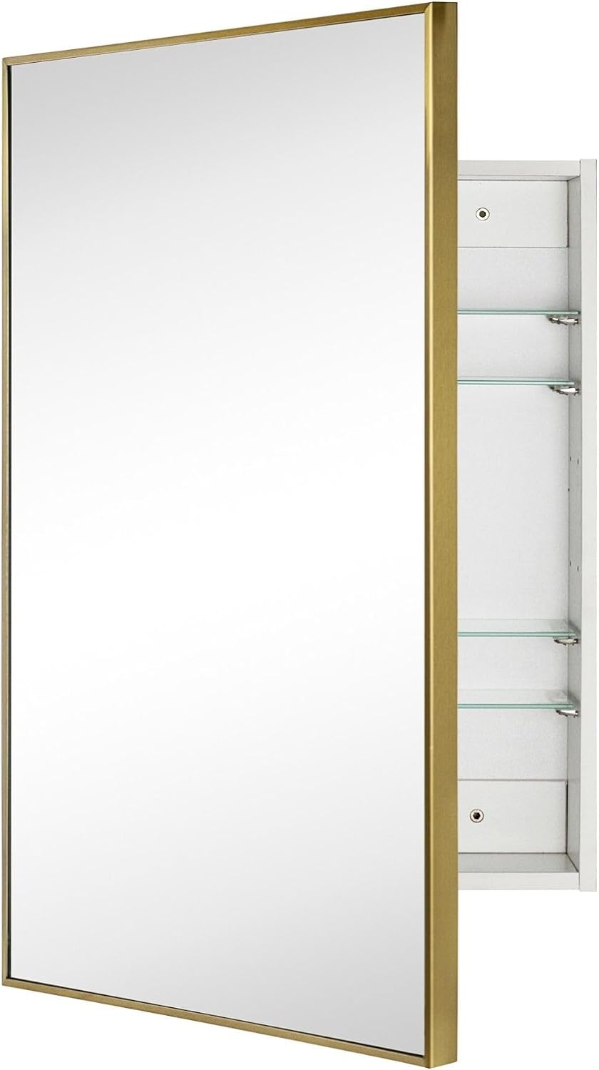 TEHOME 24'' x 30'' Brushed Gold Recessed and Surface Mount Bathroom Medicine Cabinet with Mirror Brushed Gold Square Cornered Metal Framed Rounded Rectangle Medicine Cabinet Mirror