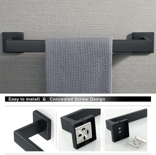 Matt Black Bathroom Accessories Set - Stylish Wall Mounted Toilet Roll Holder, Robe Hook, Towel Rail Rack (40cm & 50cm) - Sleek Bathroom Hardware & Organization Solution