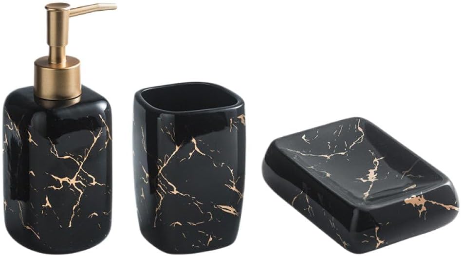 3 Pieces Marble Square Bathroom Accessories Set Include Soap Dispenser Rinse Cup - for Kitchen Home Popular Black One Size ((Black Size)