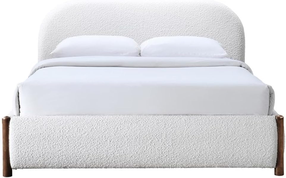 Pemberly Row Upholstered Platform Queen Bed, White Cream Boucle Fabric, Solid Wood Legs, Curved Headboard, Wooden Slat Base, No Box Spring Needed, Modern Bedroom Furniture, 69.5'W x 87.8'D x 38.2'H