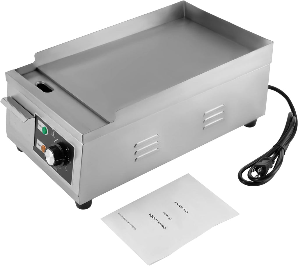 1300W Commercial Electric Griddle, 15in Countertop Grill with Non-Stick Flat Top, Adjustable Temperature Control 122°F-572°F, Stainless Steel Large Grill for Restaurant/Shop