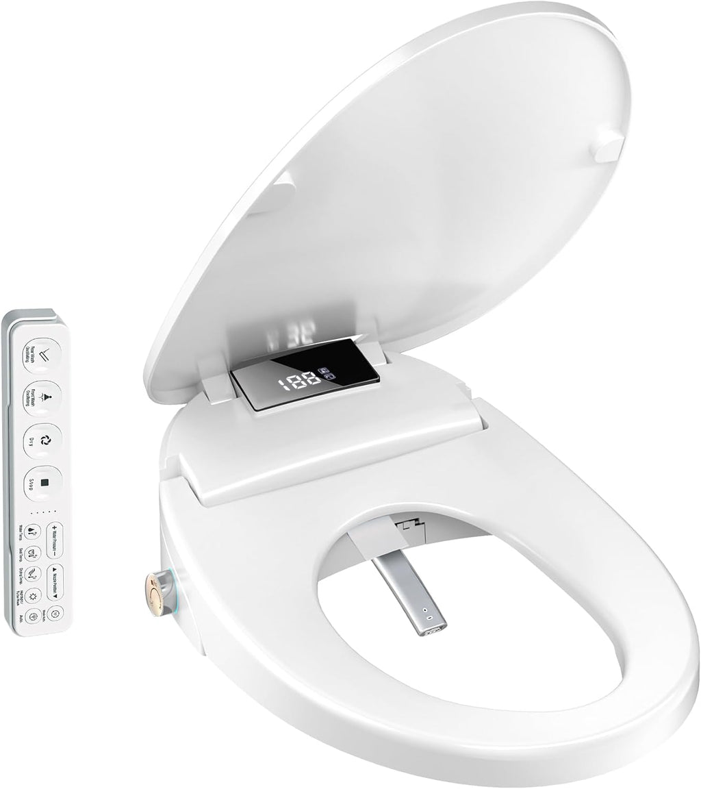 WLJBIDET Electric Heated Bidet Toilet Seat with Remote Control, Adjustable Warm Water & Pressure, Air Drying, Self-Cleaning Nozzle, Oscillating Cleaning, Display Screen, Slow Closed Lid - Elongated