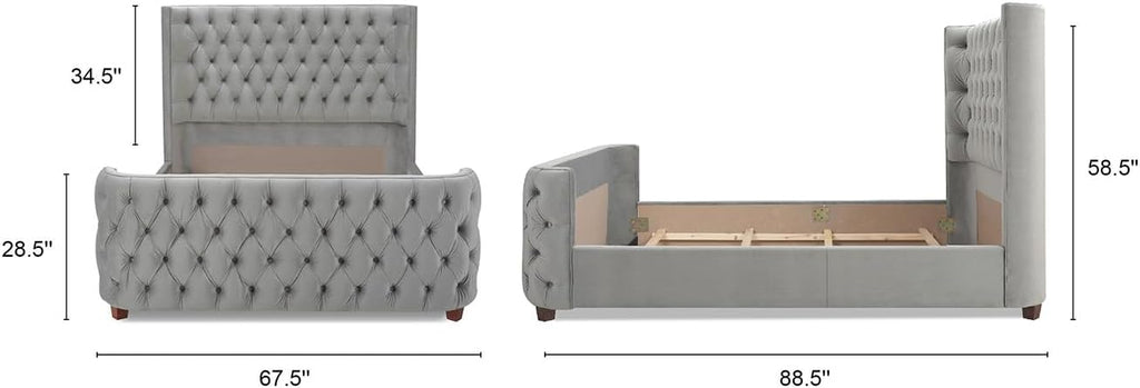 Jennifer Taylor Home Harmonie Queen Tufted Panel Bed Headboard and Footboard Set, Opal Grey Velvet
