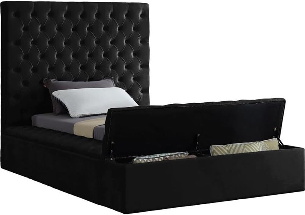 Pemberly Row Modern Solid Wood Tufted Velvet Twin Bed, Black Fabric, Deep Tufted Upholstery, Storage Rails and Footboard, Full Slats, No Box Spring Needed, 60.5' Headboard, Contemporary Bedroom