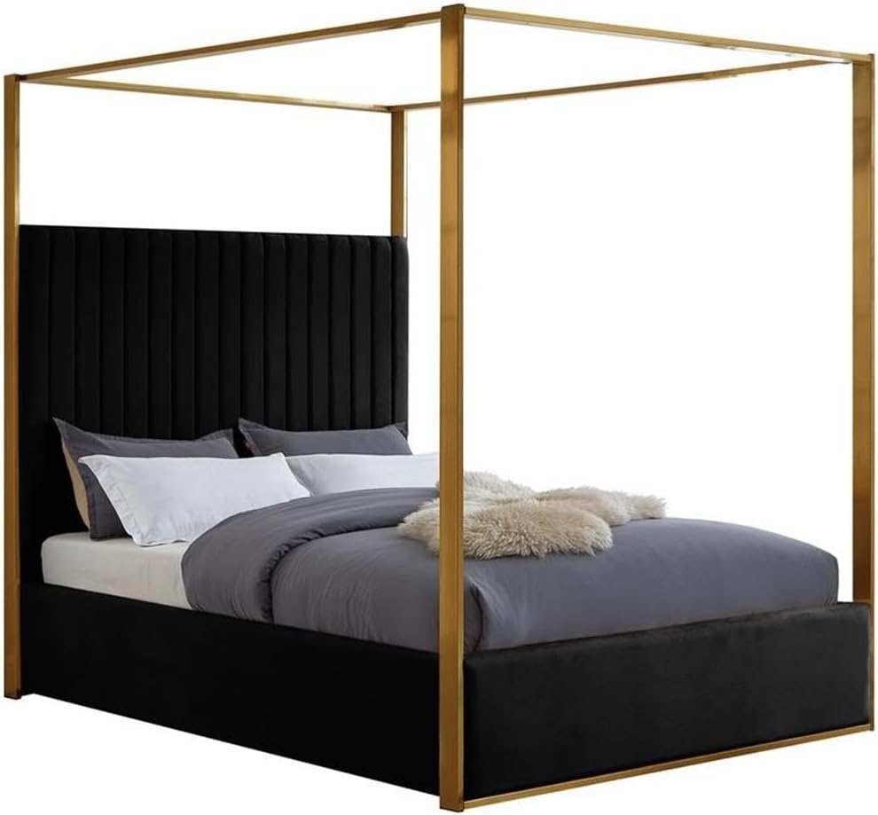 Meridian Furniture JonesBlack-Q Jones Collection Modern | Contemporary Upholstered Queen Bed, Black Velvet, Channel Tufting, Brushed Brass Frame, 66.5' W x 86.5' D x 79' H, Black, Queen
