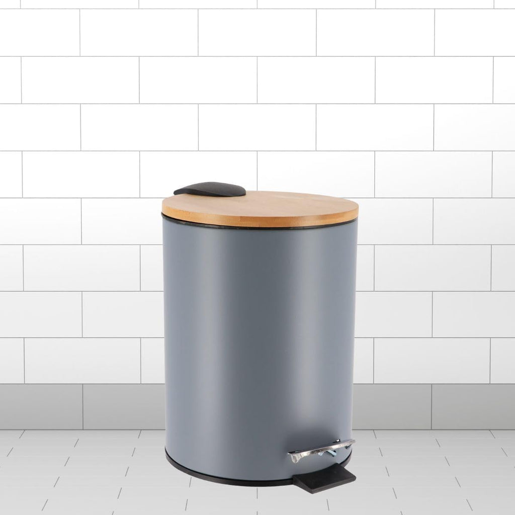 Matte Gray Bathroom Accessories with Natural Accents, Modern 6-Piece Set - Includes Soap Dispenser, Toothbrush Cup, Toilet Brush Holder, Cotton Box, Soap Dish and Pedal Trash Can