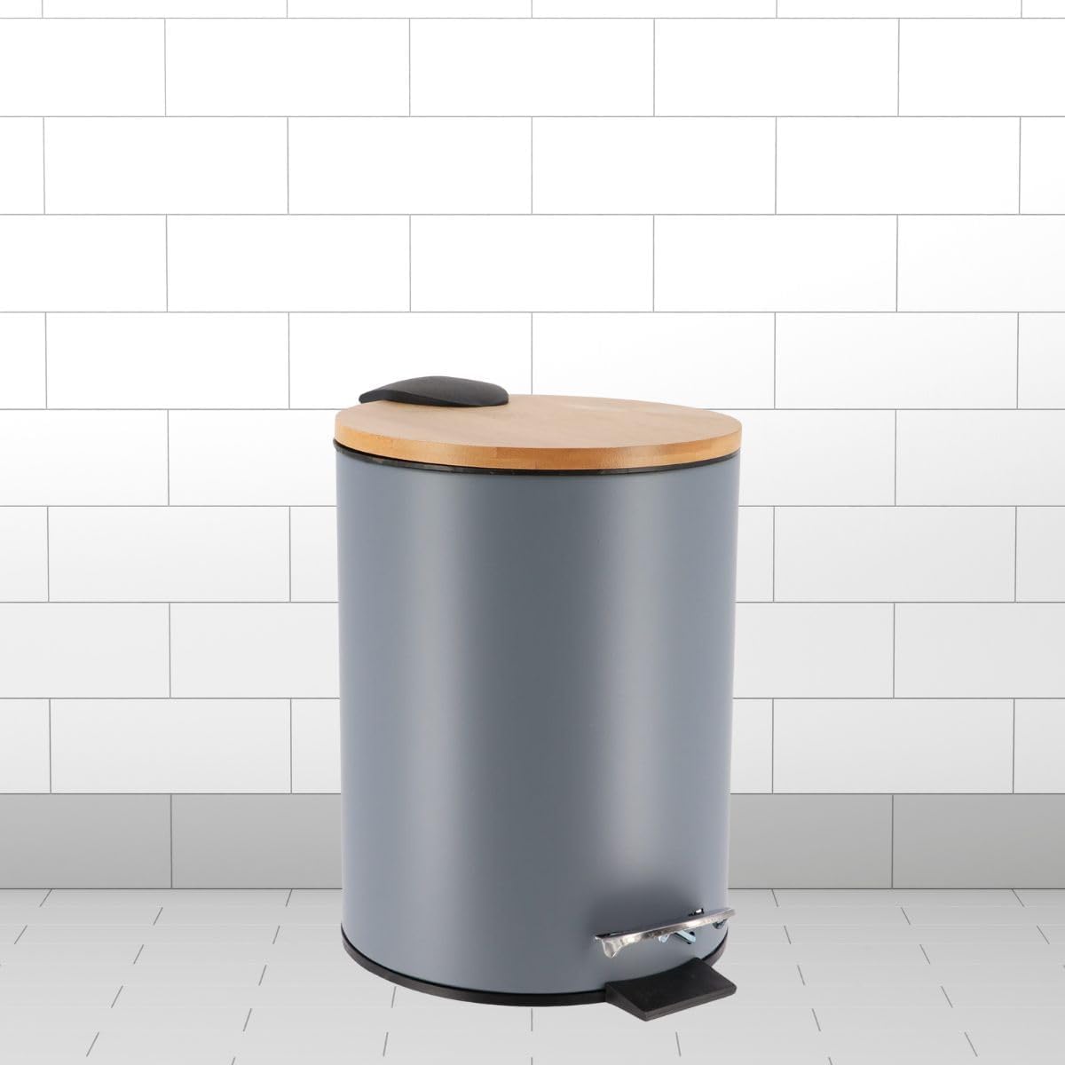 Matte Gray Bathroom Accessories with Natural Accents, Modern 6-Piece Set - Includes Soap Dispenser, Toothbrush Cup, Toilet Brush Holder, Cotton Box, Soap Dish and Pedal Trash Can