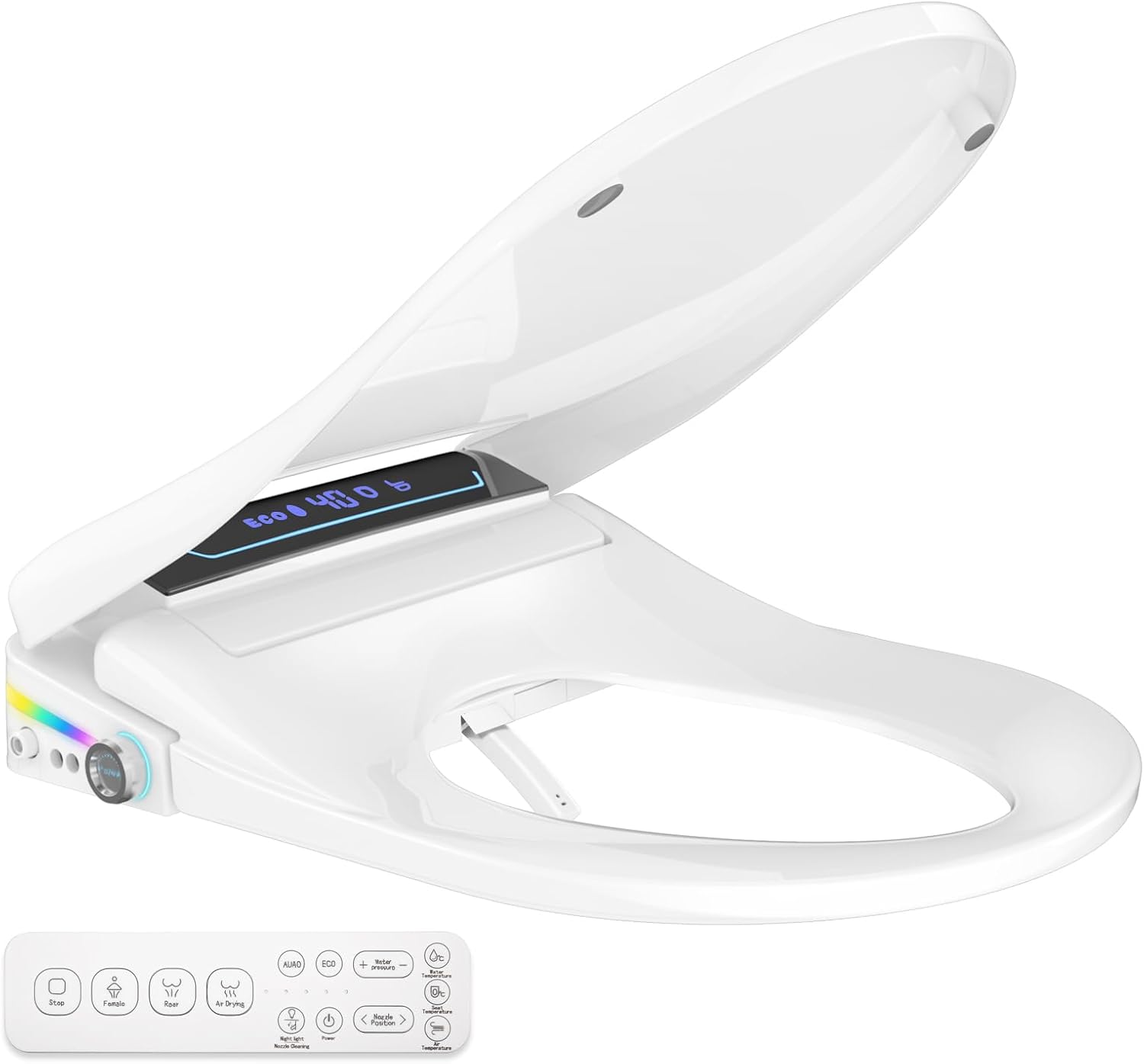 Bidet Toilet Seat Elongated, Smart Heated Bidet Toilet Seats with AUTO - Water & Dryer Slow Close Lid, Nozzle for 4 Cleaning Modes, Remote Control - Adjustable Water Pressure & Temp, LED Lighting